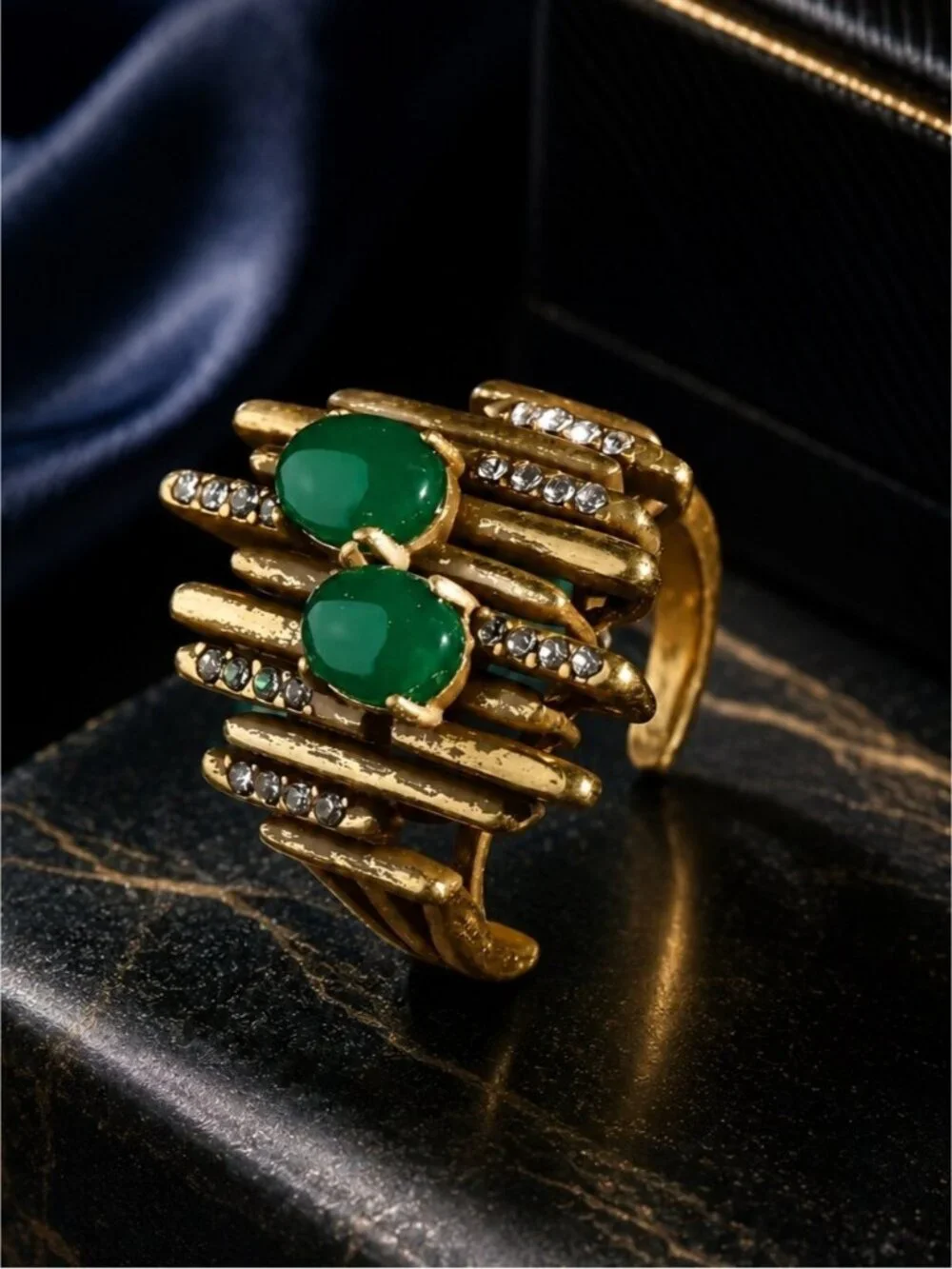Vintage Gold-Tone Green Stone Statement Ring by